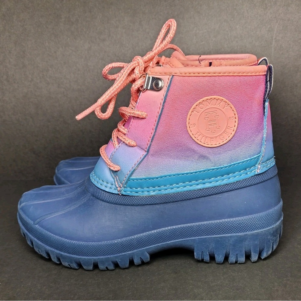 Tommy Hilfiger Girls Rain Boots Size 1 Blue Pink Ombre Duck Boots EUC